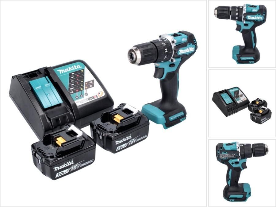 Makita DHP 487 RF accu klopboormachine 18 V 40 Nm borstelloos + 2x accu 3.0 Ah + lader