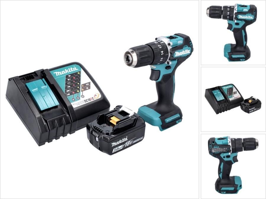 Makita DHP 487 RF1 accu klopboormachine 18 V 40 Nm borstelloos + 1x oplaadbare accu 3.0 Ah + lader