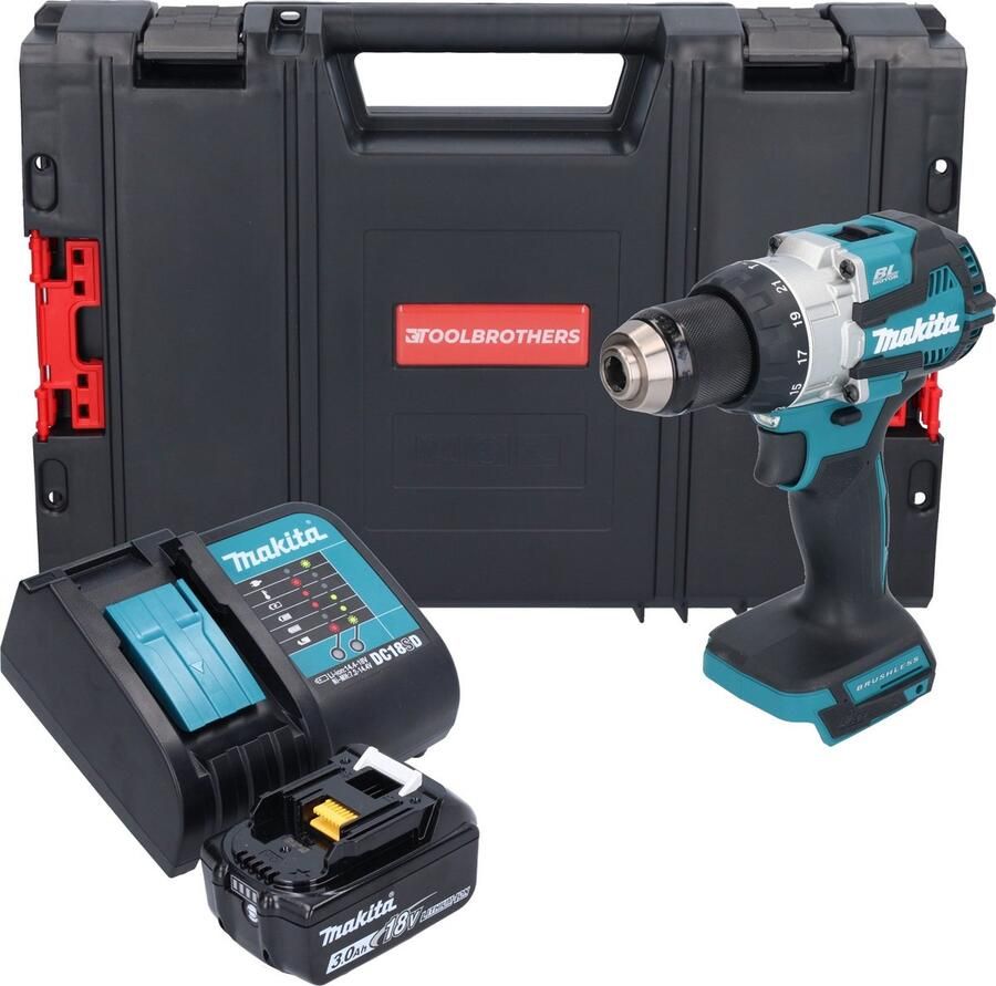 Makita DHP 489 SF1J-R accu klopboormachine 18 V 73 Nm borstelloos + 1x oplaadbare accu 3.0 Ah + lader + RHINO