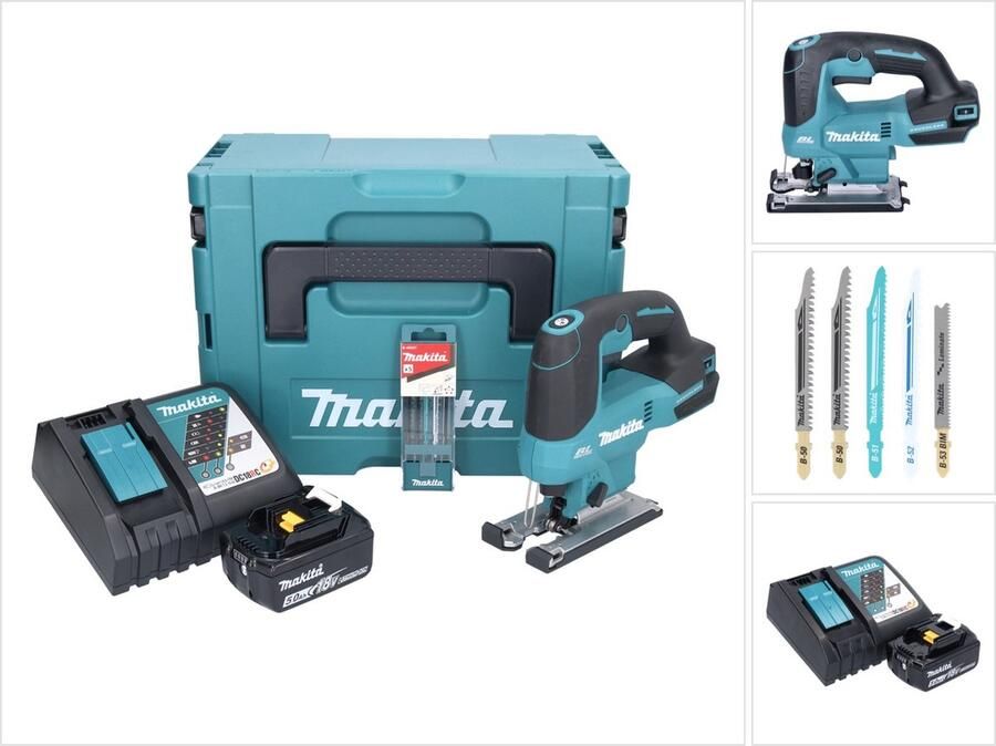 Makita DJV 184 RT1J accu-decoupeerzaag 18 V borstelloos + 1x oplaadbare accu 5.0 Ah + oplader + 5-delige decoupeerzaagbladenset + Makpac