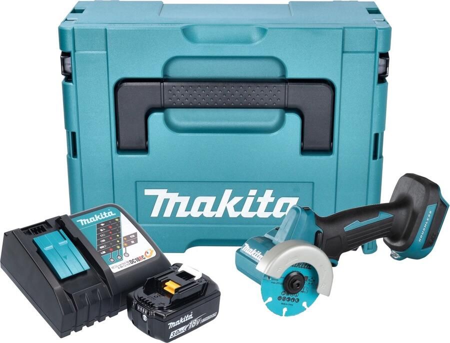 Makita DMC 300 RF1J accu haakse slijper 18 V 76 mm borstelloos + 1x oplaadbare accu 3.0 Ah + lader + Makpac