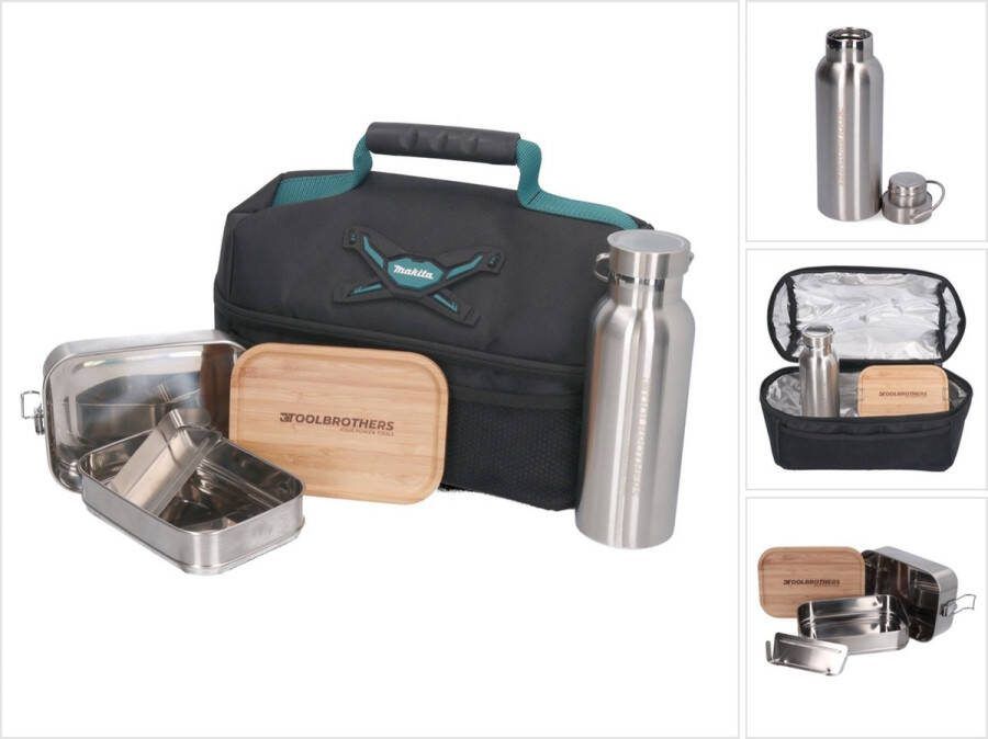 Makita Toolbrothers lunchpakket met isolerende tas + Toolbrothers ventilator roestvrijstalen lunchbox met 2 planken en bamboe deksel 1340 ml + roestvrijstalen drinkfles 500 ml