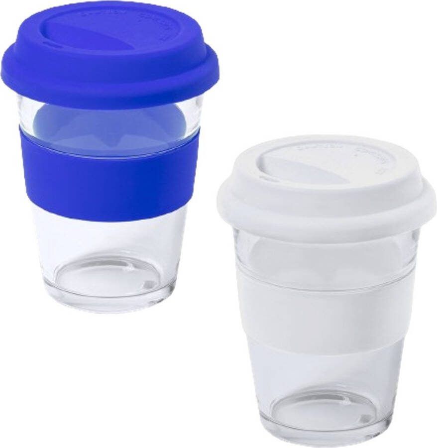 Makito Benelux Onetrippel Koffiebekers To Go Koffiebeker Glazen Beker 2 stuks 350 ml Wit Blauw