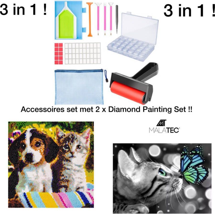 Malatec Diamond Painting Accessoires Set Met 2x Diamond Painting Set 2 x Diamond Painting Set Hond Kat En Poes Vlinder