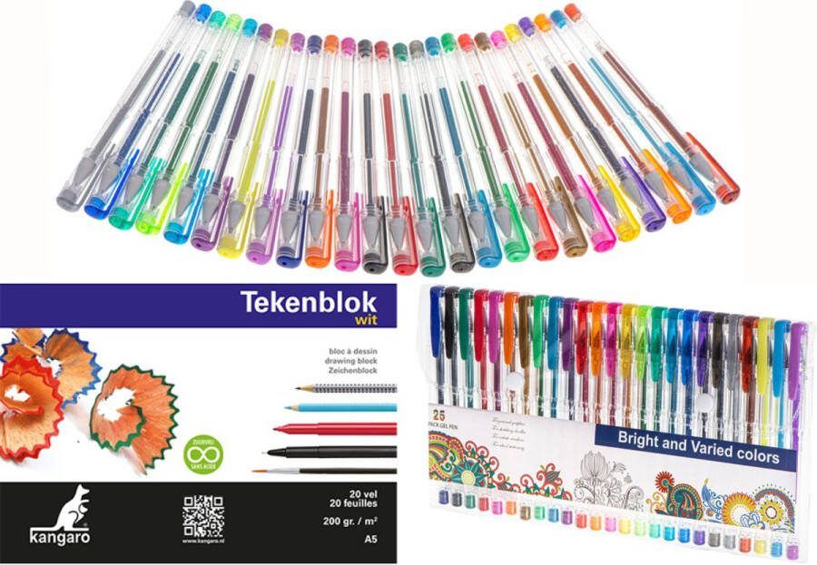 Malatec 25 Stuks Gekleurde Glitter Gelpennen Kleuren met Glitter Metalic Fluoriserend in Doorzichtige Etui met Tekenblok Gelpennen Set voor Kleuren Tekenen Schrijven
