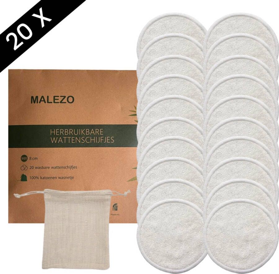 MALEZO Premium Products 20 Herbruikbare wattenschijfjes Wasbare wattenschijfjes Make up remover pads Gezichtsreiniger met Waszakje