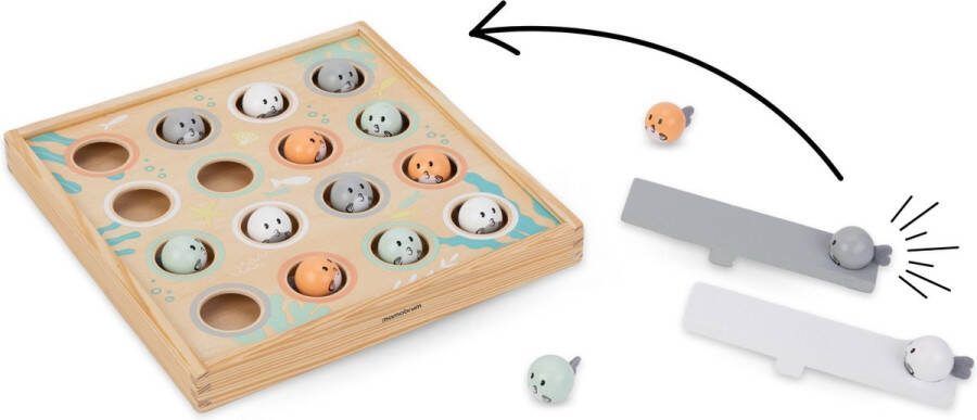 Mamabrum Flying Fish houten speelgoed houten platform met veel gaten 2 katapulten 16 kleine vissen ecologisch speelgoed voor kinderen vanaf 3 jaar Montessori visspel