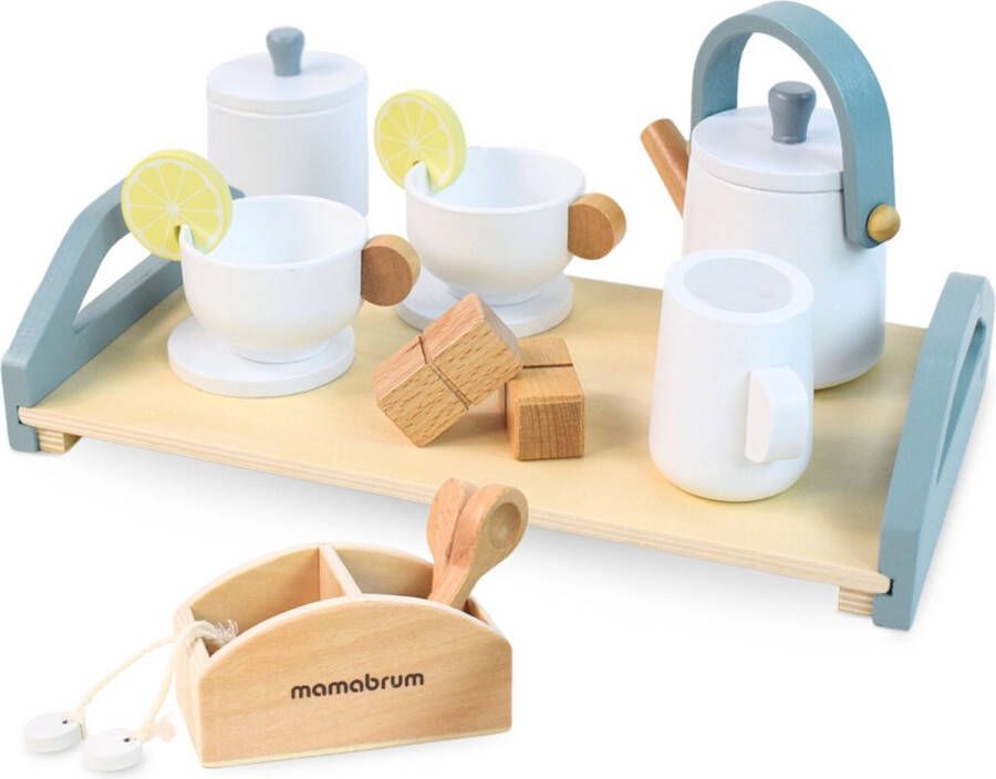 Mamabrum Groot speelgoedhouten theeservies met dienblad 17 elementen voor kinderen