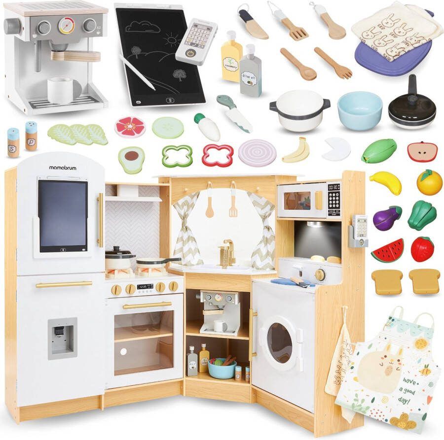 Mamabrum Houten kinderkeuken 3+ interactief speelgoed XXXL kooktoestel met led-verlichting koffiemachine en accessoires pannen groenteset en fruit tot 50 stuks