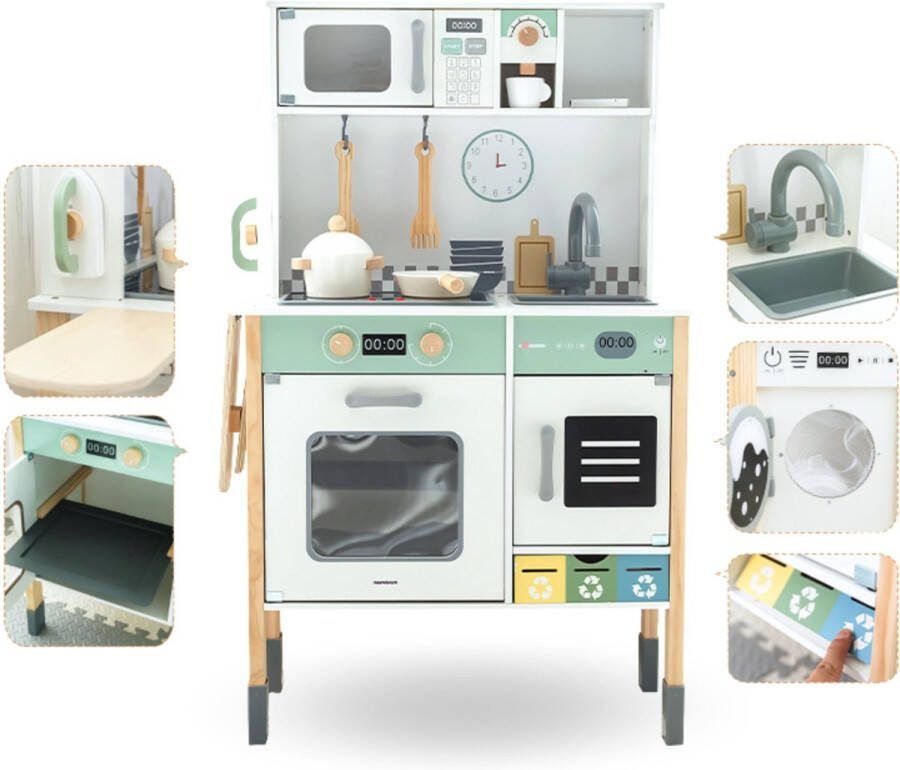 Mamabrum Houten Kinderkeuken 3+ interactieve keukenset met wasmachine vaatwasser en krijtbord voor meisjes jongen vanaf 3 jaar speelgoedkeuken met accessoires kookspeelgoed