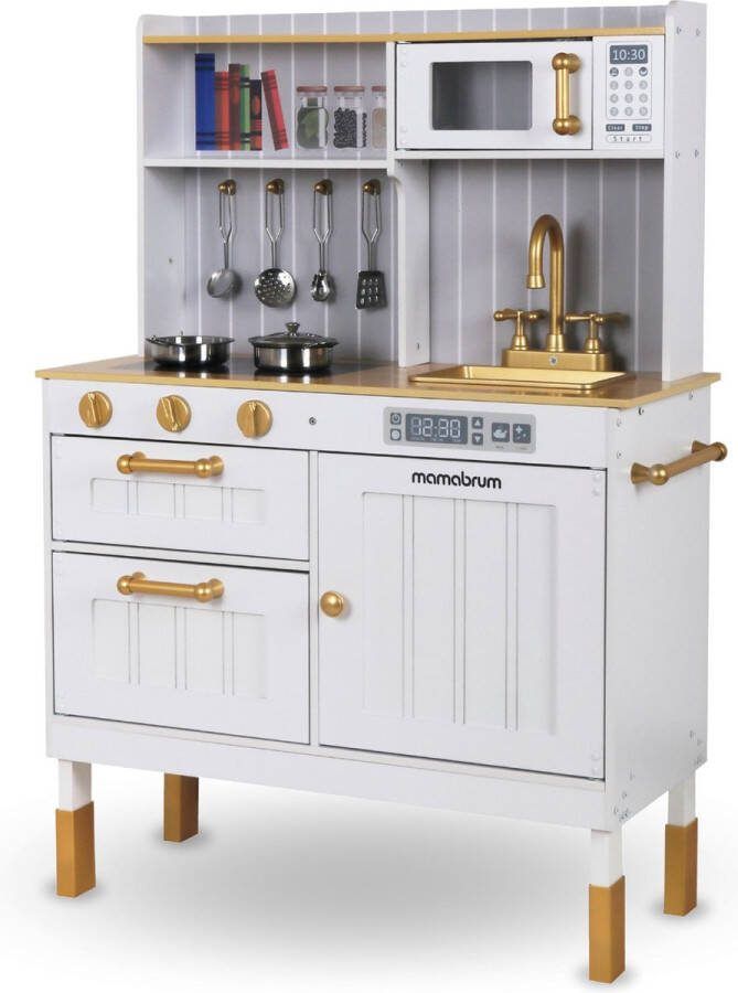 Mamabrum Houten Kinderkeuken 3+ kinderkeukenset met accessoires en schort wit speelgoedfornuis met magnetron oven gootsteen en pannen