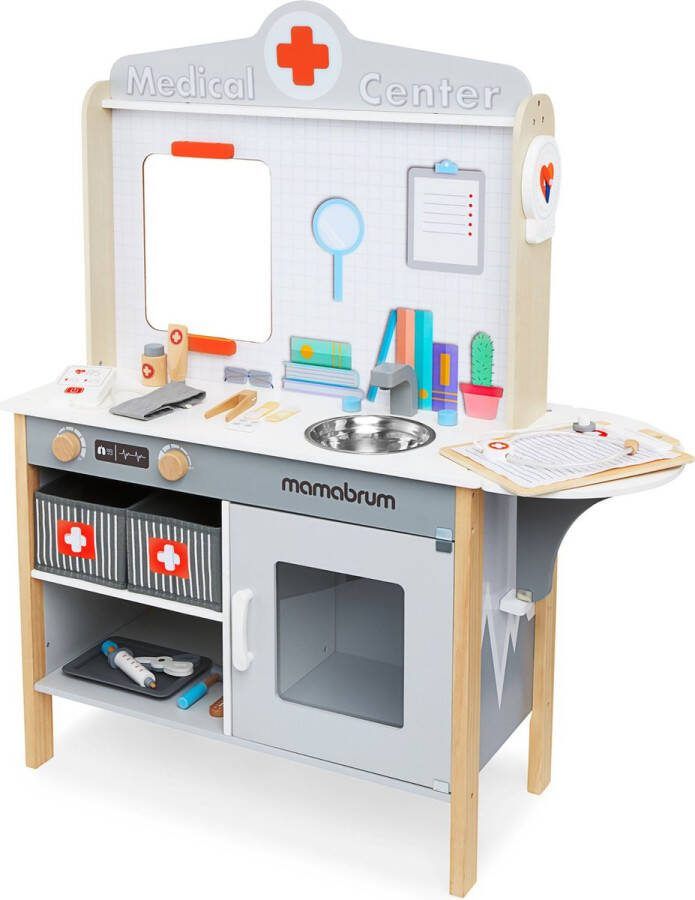 Mamabrum houten medicijnkastje ziekenhuis XXL doktersset met accessoires 20-delig realistische medische accessoires dokterskoffer houten doktersset kinder dokterskoffer