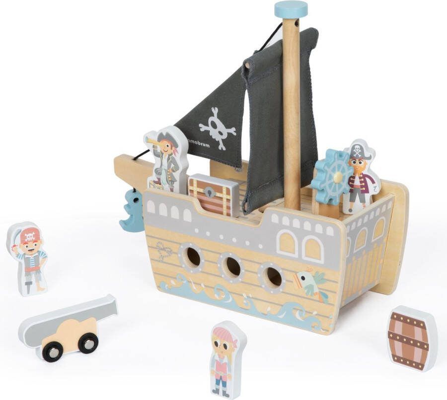 Mamabrum houten piratenschip voor kinderen vanaf 3 jaar speelgoedboot met opengaand dek en accessoires in een set speelgoedpiratenschip met piratenfiguren piratenschip speelset