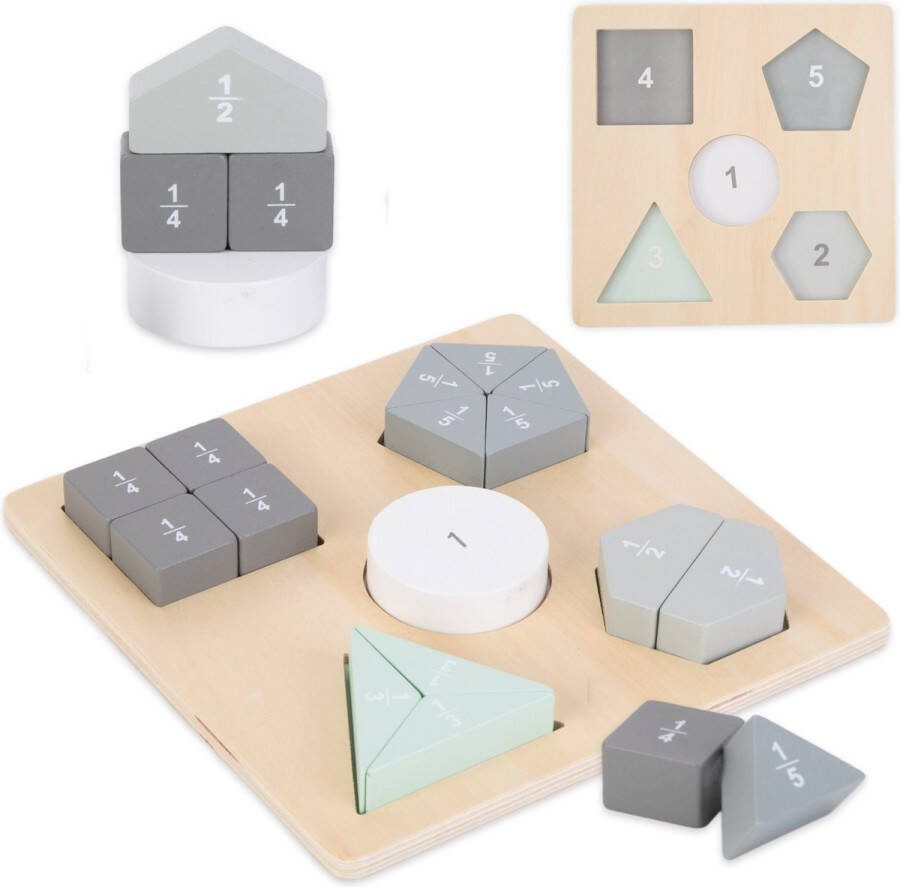 Mamabrum Houten Puzzel Montessori Puzzel Breuken en Geometrische Figuren Nummerherkenning Geometrische Figuren Breuken 16 Kleurrijke Blokken Puzzel voor Kinderen Wiskundespel
