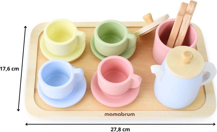Mamabrum Houten Theeset Speelgoed voor Kinderen Speelgoed Theeservice met dienblad 16 stuks kopjes speeltaart rollenspelen kok keuken-toebehoren speelgoed