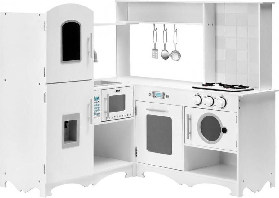 Mamabrum Keukentje Corner Speelgoed houten speel keuken kinderkeukens Speelkeuken eten speelgoedkeuken Met accessoires pannenset keukengerei set speelkeukentjes en toebehoren koken keukenschort keukenset kinderen voor ook 2 jaar Hout Wit