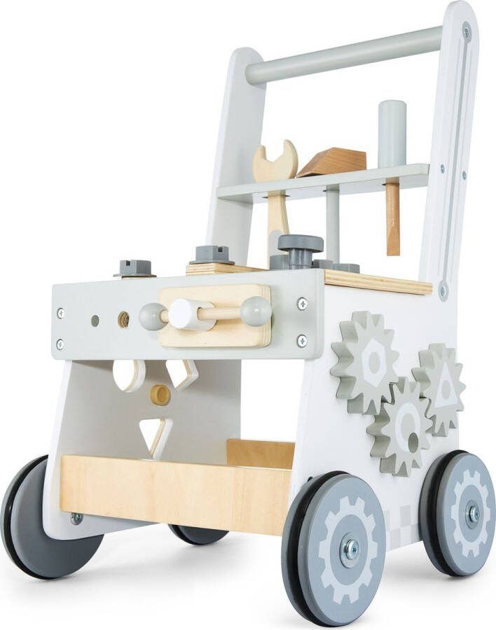 Mamabrum Kinderloopwagen Houten Loopwagen voor Kinderen 3 in 1 Kinderwagenwerkplaats met Accessoires 47 Elementen Ruiter Sorteerder Kinderwagen om te Leren Lopen Grijs