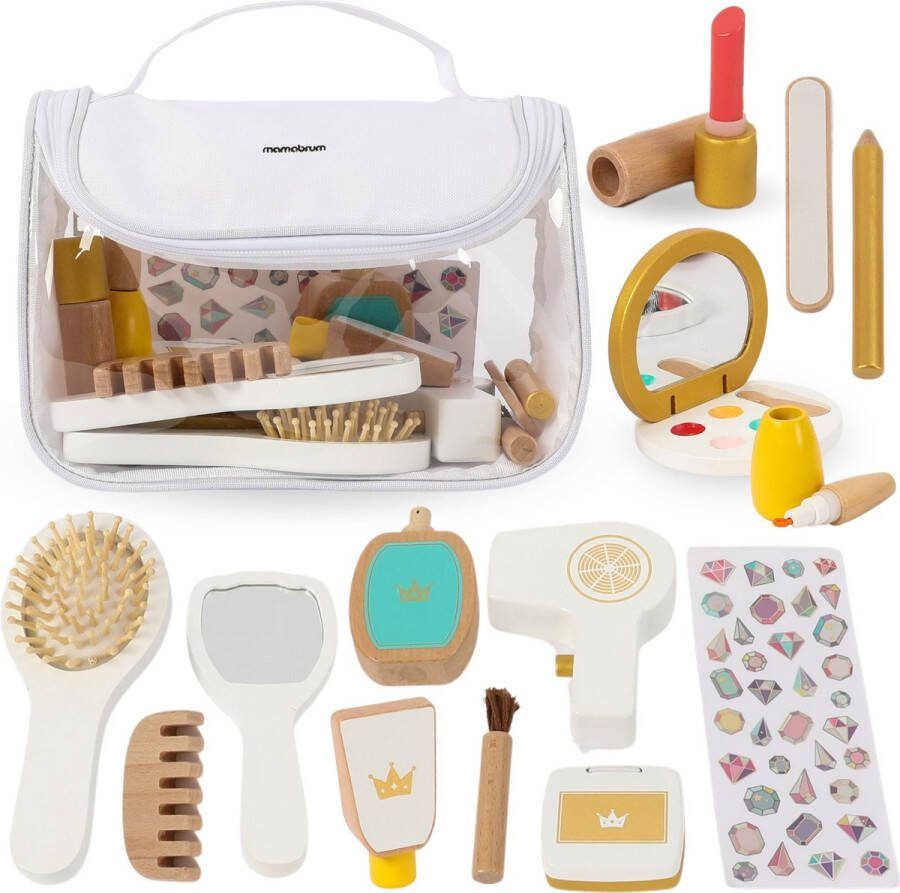 Mamabrum make-upset voor kinderen 3+ 15 elementen houten accessoires + make-uptasje duurzaam en veilig speelgoed voor meisjes speelgoedmake-uptasje creatief speelgoed rollenspel
