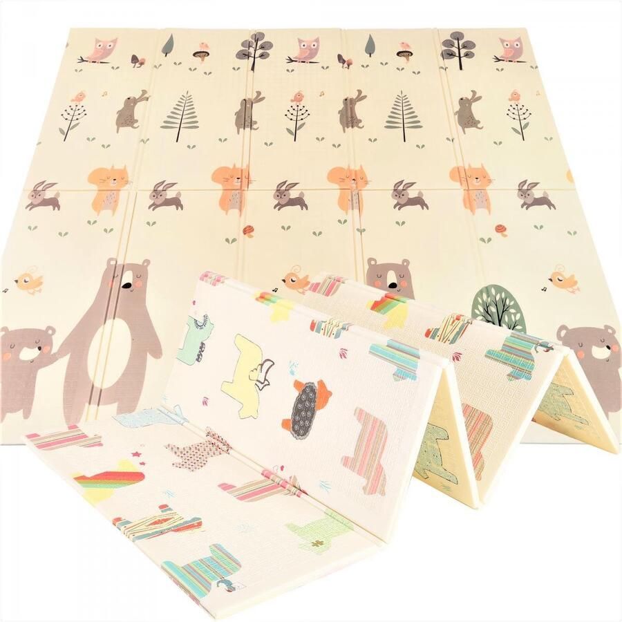 Mamabrum Baby Kruipmat Baby Tapijt Speelmat 195 X 176 X 1 0 Cm Niet-Giftige Vloermat Verdikte Vergrote Schuimmat Opvouwbaar Waterdicht Antislip Draagbaar Teddybeer En Paarden