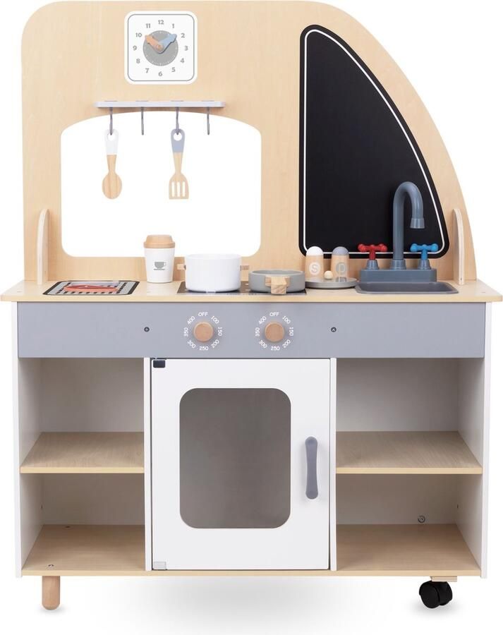 Mamabrum houten foodtruckwielen keuken met accessoires autofoodtruck gootsteen pot pan deksel keukengerei mok voedselspeelkeuken hout