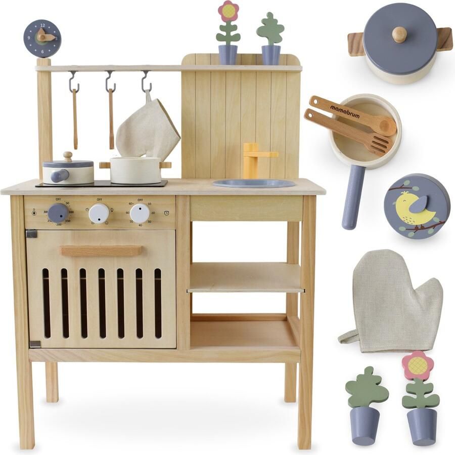 Mamabrum houten kinderkeuken 3+ jaar speelgoed tuinkeuken in boho-stijl met accessoires kinderkeuken om thuis en in de tuin te spelen rollenspelen kok