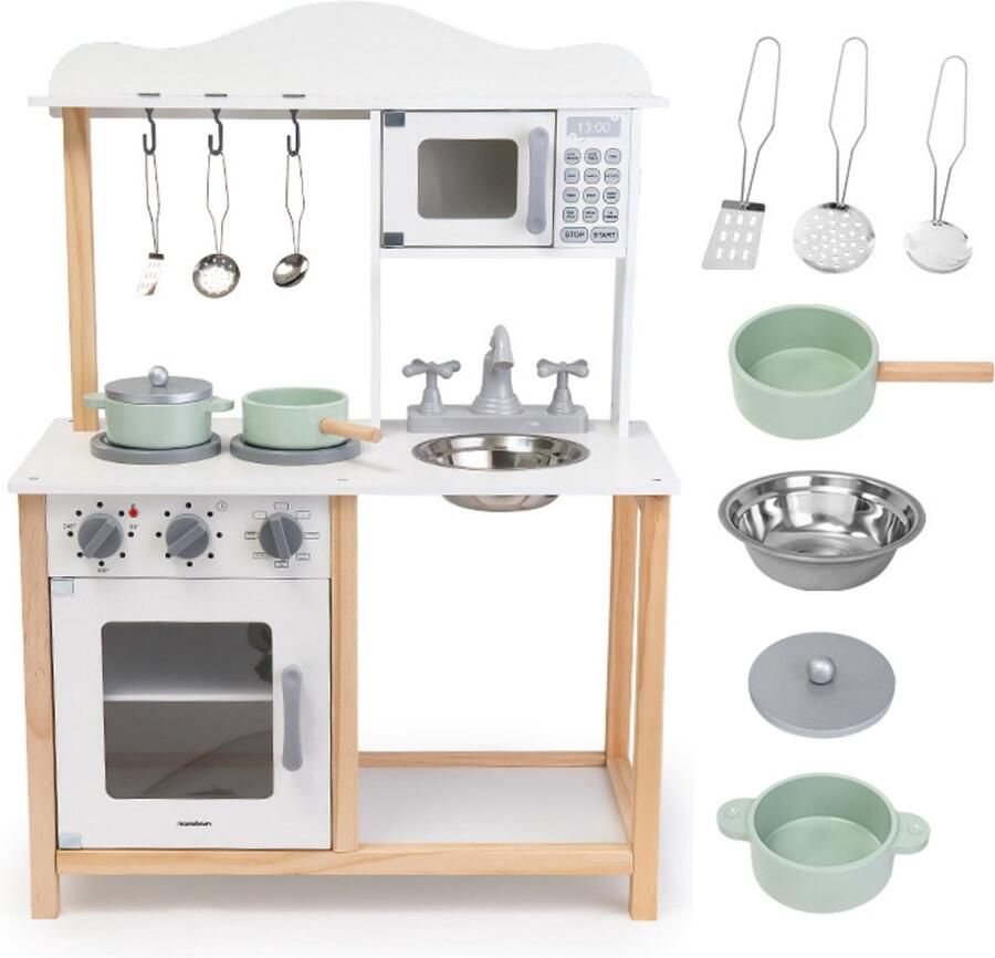 Mamabrum Houten kinderkeuken 3+ kookspeelgoedset met magnetron oven wastafel en kookplaat fornuis voor meisjes en jongens met inrichting speelgoed wiel