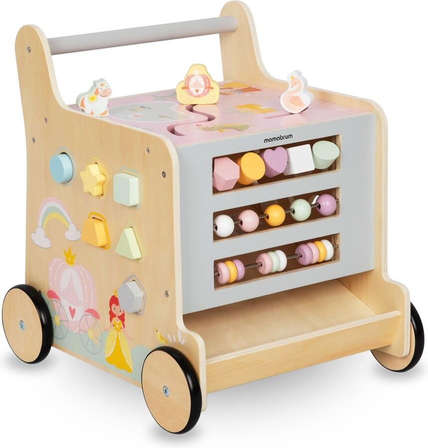 Mamabrum houten loopwagen voor kinderen 2in1 duwer motorkubus speelgoed voor vroeg onderwijs: loopauto sorteerder doolhof telraam blokken met cijfers schuifregelaar antislipwielen