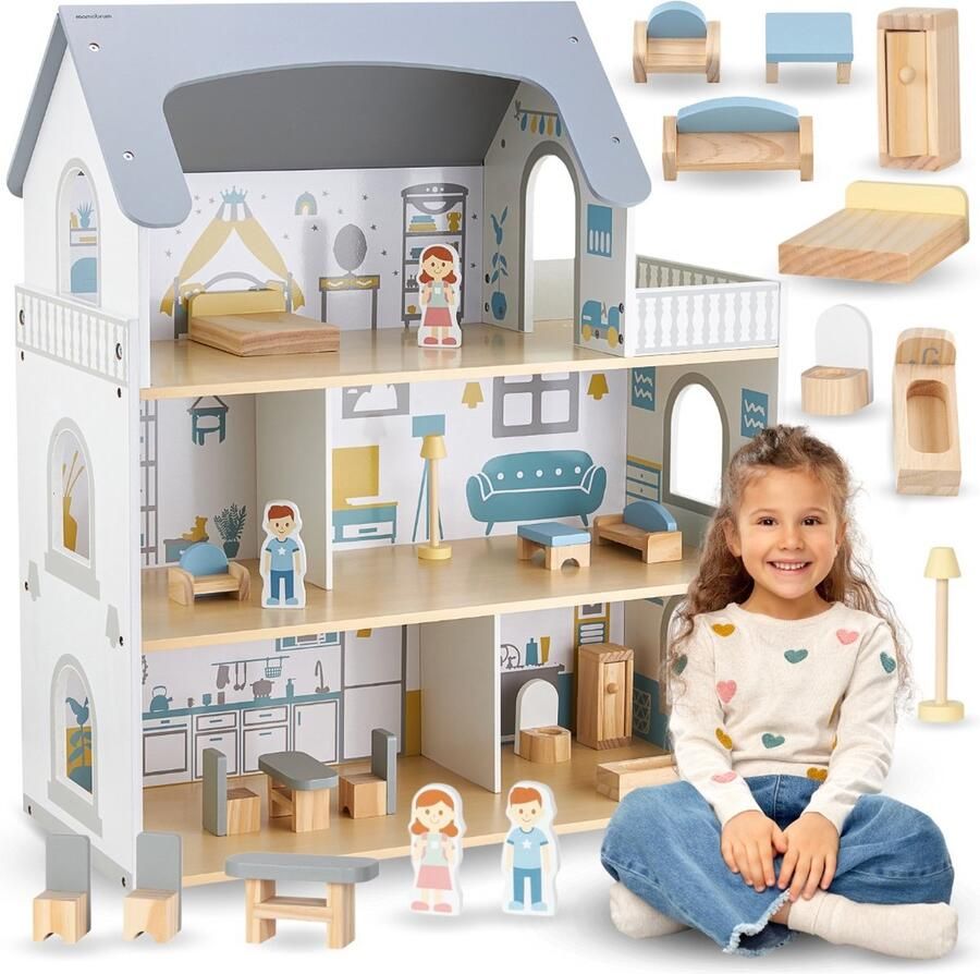Mamabrum Houten Poppenhuis met Terras en Accessoires Poppenhuis met 3 Niveaus 5 Kamers Huis met Meubilair Poppenspeelgoedset Hoogte 70.4 cm Subtiele kleuren