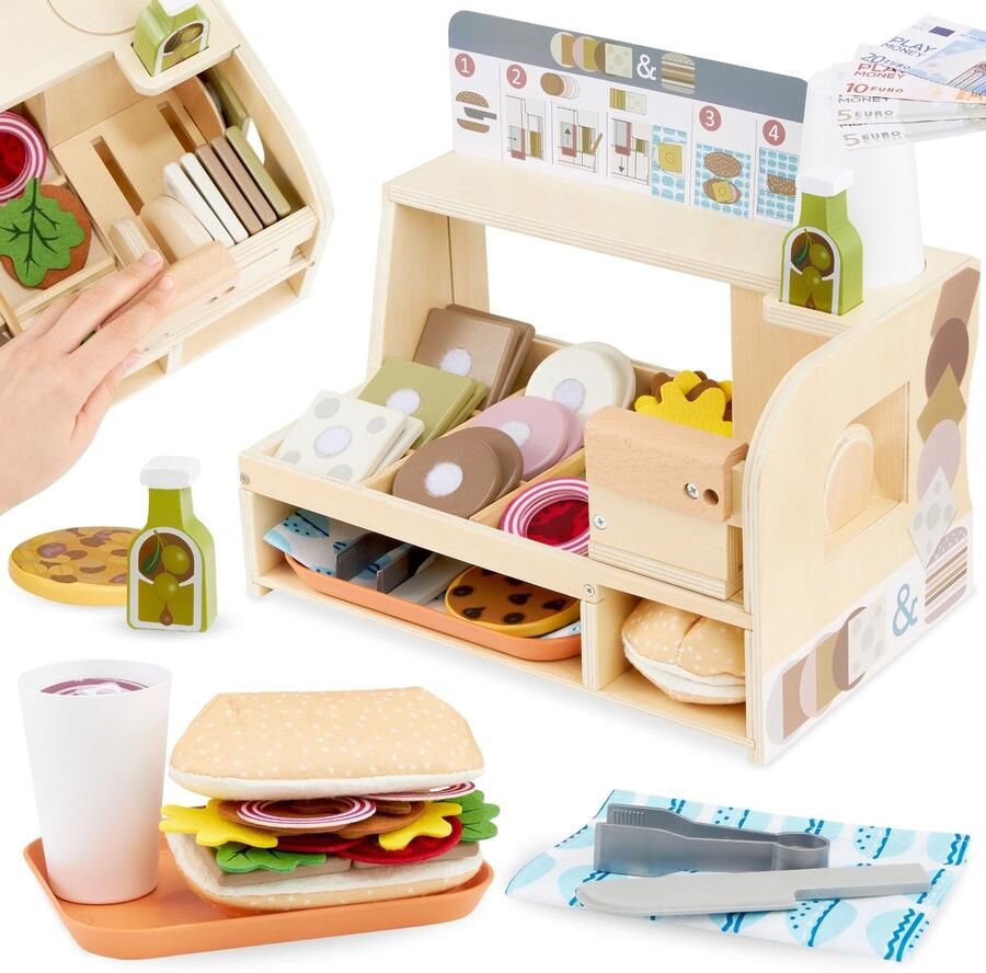 Mamabrum Houten sandwich bar voor kinderen 3+ speelgoed restaurant speelgoed broodjes rollenspelen speelgoed kok accessoires voor speelgoedkeuken voor kinderen