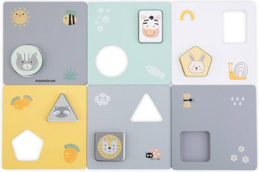 Mamabrum Montessori houten plaquette puzzelspel vormen en kleuren 6 houten zeildoek dierenprintstenen voor kinderen vanaf 2 jaar houten puzzel houten kinderpuzzel