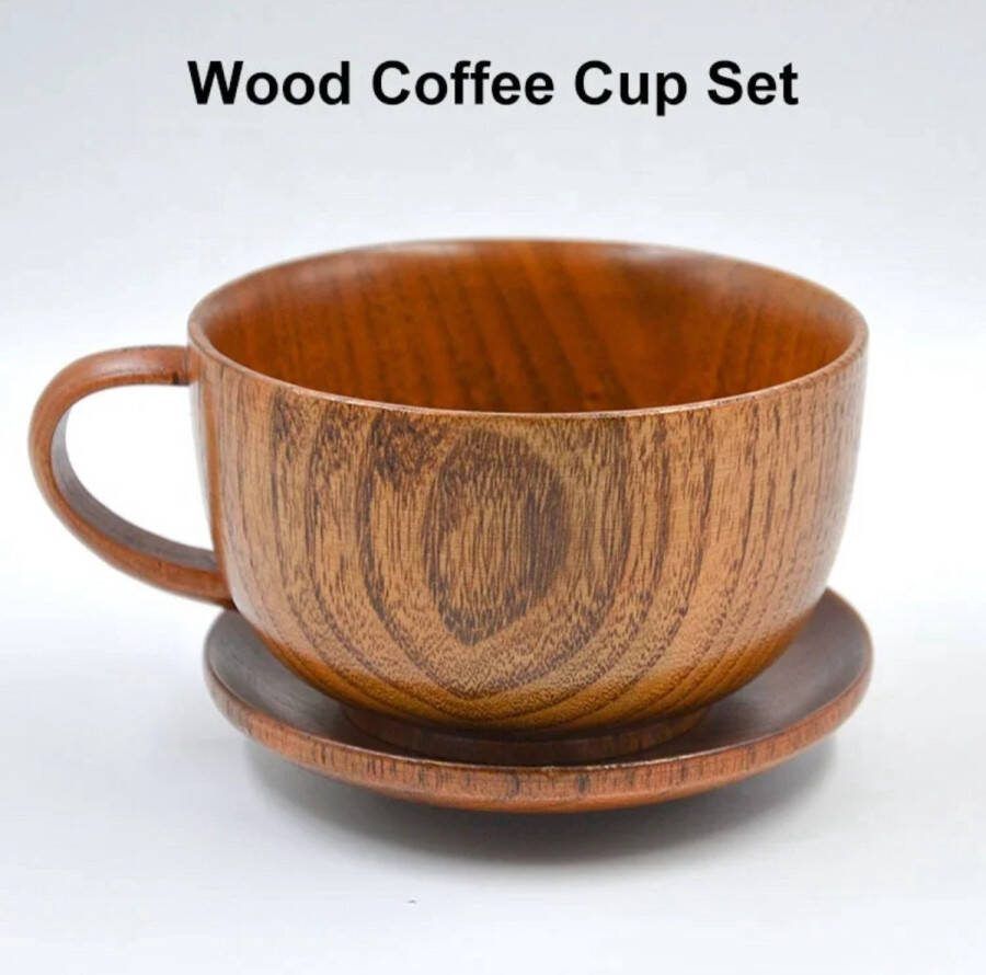 Manara 6-delige set houten kop met schotel en lepel- set koffie thee soep gereedschap accessoires kop en schotel set bruin eiken Authentieke Smaak