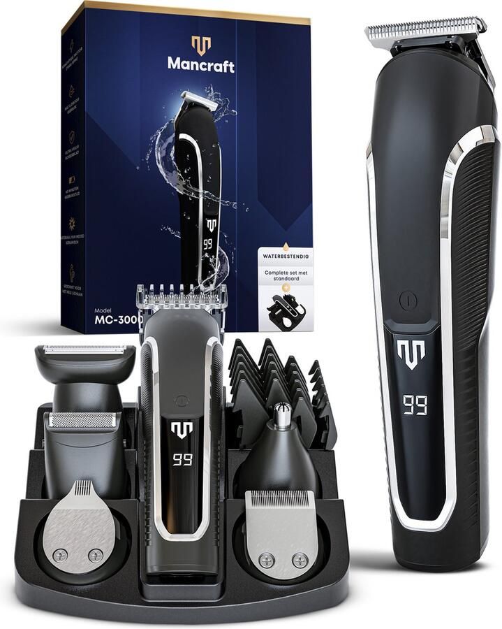 Mancraft Premium 6 in 1 Baardtrimmer Set Mannen Waterdicht Trimmer voor Baard en Lichaam Met Neustrimmer Opzetstuk