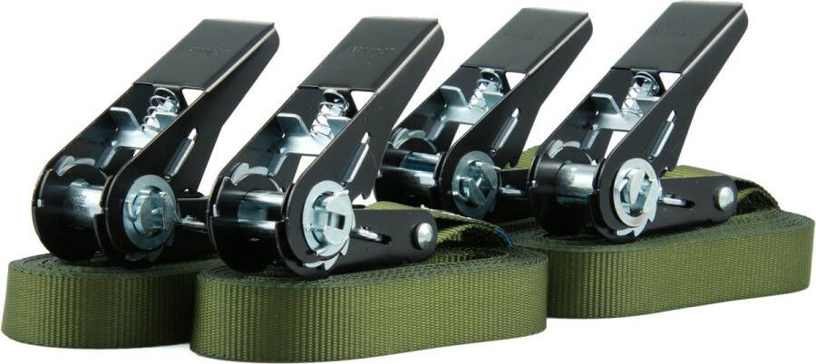 Mandax Sandax Set van 4 sjorbanden met ratel duurzame eendelige spanbanden lengte 4 meter (4 m) breedte 25 mm kleur olijfgroen TÜV-gecertificeerd belastbaar tot 900 kg volgens DIN EN 12195-2