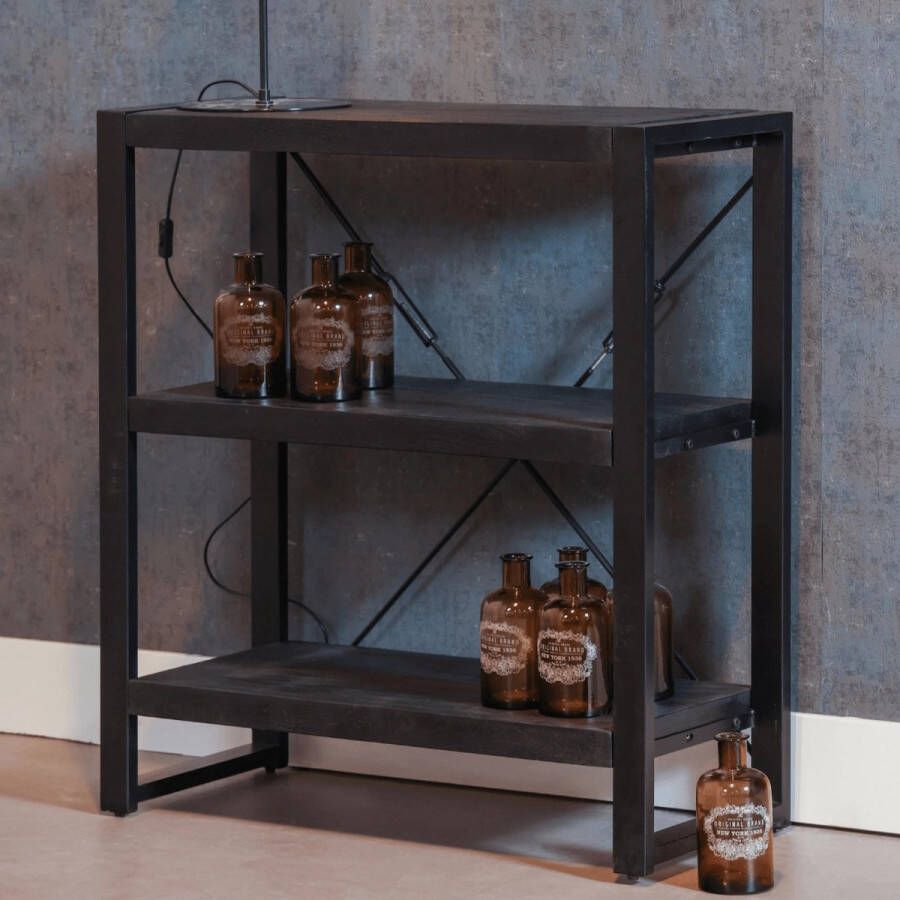 Mahom Mangohouten Boekenkast Minneapolis Black 90 cm Industrieel Vitrinekast van Mangohout & Metaal Industriële Buffetkast