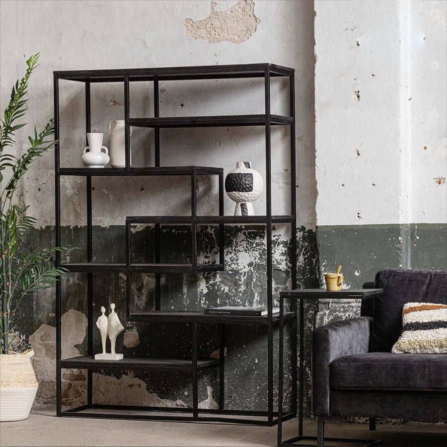 Mahom Mangohouten Vakkenkast Chicago Black 120 cm Industrieel Vitrinekast van Mangohout & Metaal Industriële Buffetkast