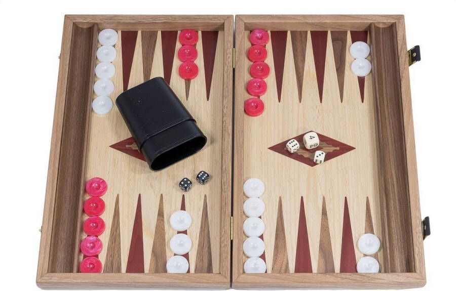 Manopoulos Backgammon Rood accenten Eik en Walnoot Prachtig 38x23 38x46cm Zijlade Top Kwaliteit Klasse en Geweldig