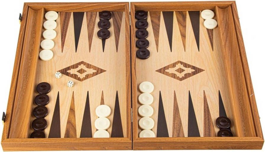 Manopoulos Eik-Walnoot Replica Backgammon met zijrekken voor de speelmunten 38x23cm Opengeklapt 38x46 cm luxe zak met speelschijven Top Kwaliteit Klasse en Geweldig