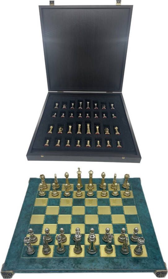 Manopoulos Handgemaakte schaakbord met opbergruimte Metalen schaakstukken Luxe uitgave Schaakspel Schaakset Schaken Chess