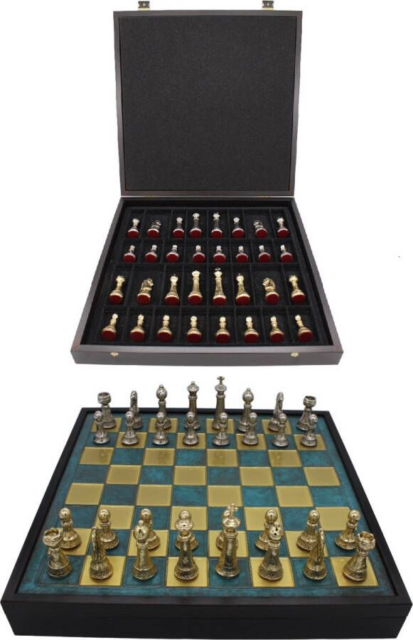 Manopoulos Handgemaakte schaakbord met opbergsysteem Metalen Schaakstukken Luxe uitgave Schaakspel Schaakset Schaken Chess