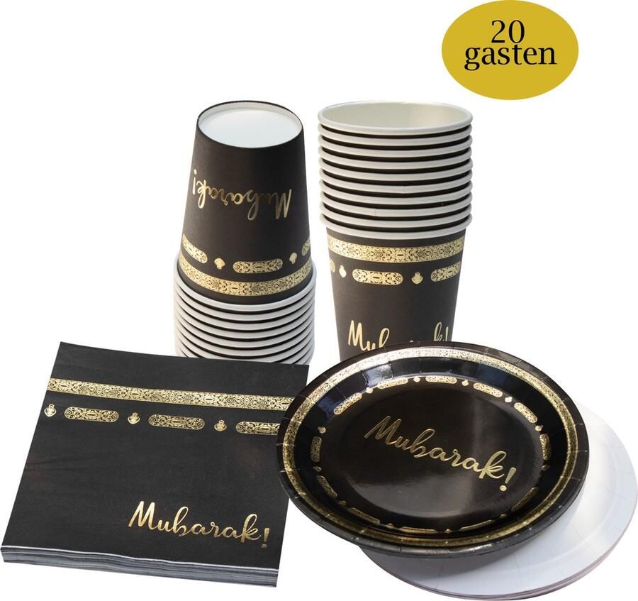 Mansak Umrah Mubarak Serviesset voor 20 gasten Borden-Bekers-Servetten 20 x Borden 20 x Bekers en 20 x Servetten Decoratieset 60 stuks – wegwerpservies Umrah Mubarak Versieringen