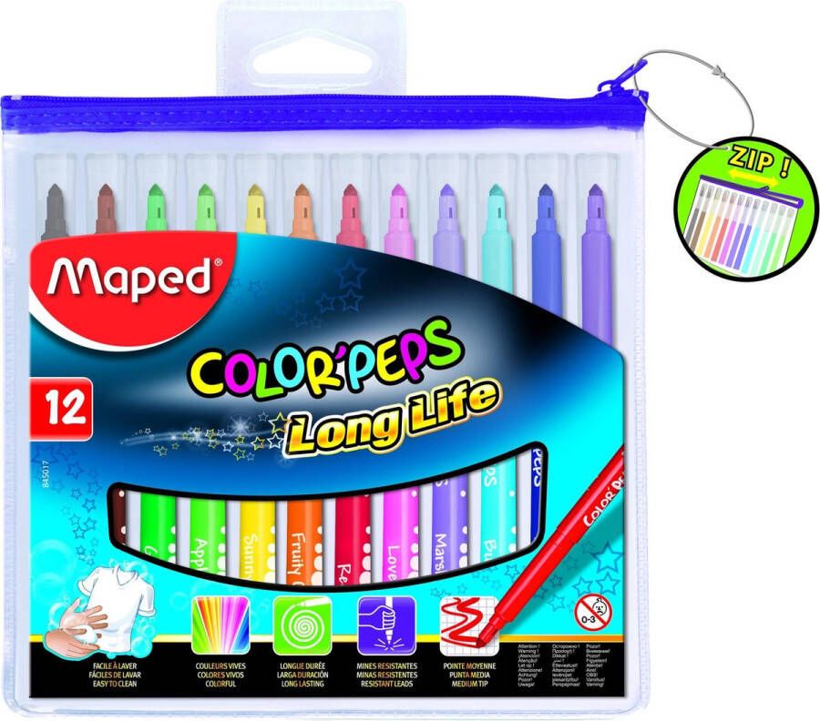 Maped Office Color'peps goed uitwasbare viltstift in ophangbaar kunststof etui met rits x 12