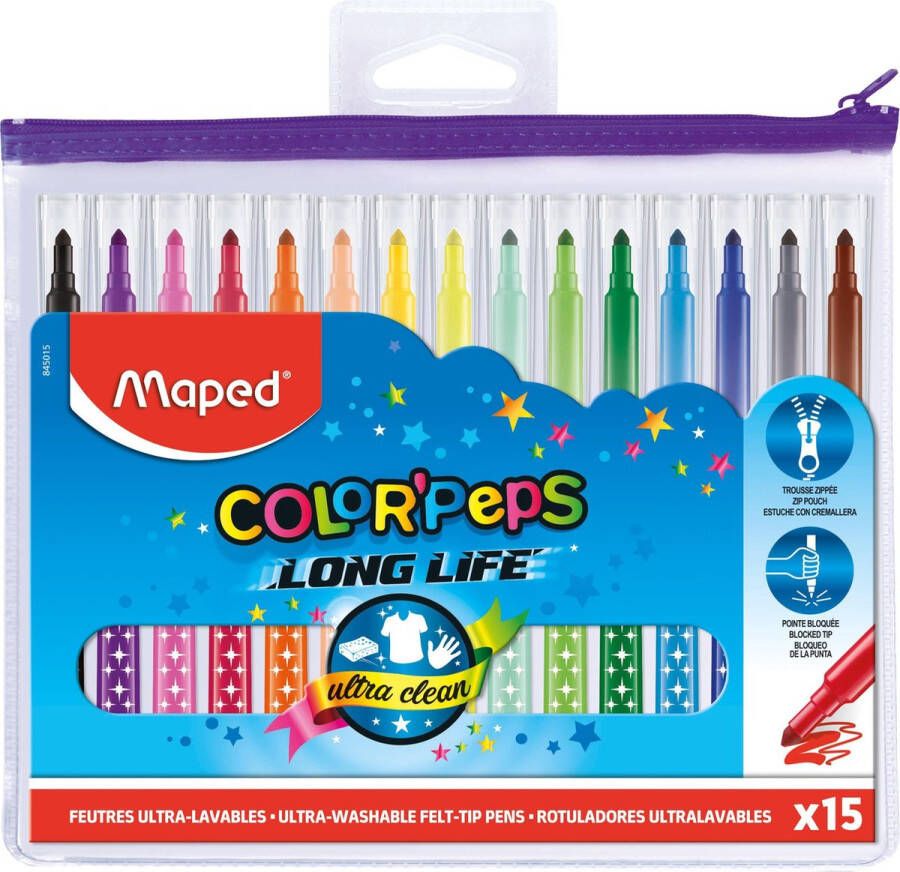 Maped Office Color'peps goed uitwasbare viltstift in ophangbaar kunststof etui met rits x 15