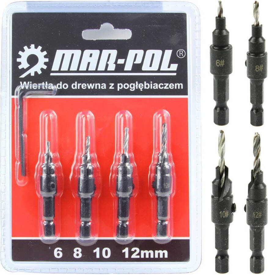 Mar-pol Houtspiraalboor set met verzinkboor (boor 6 8 10 12 mm)