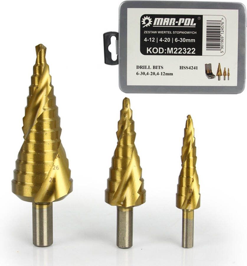 Mar-pol Stappenboor set 4-12mm 4-20mm 6-30mm HSS 4241 staal Trappenboor Spiraalboor set