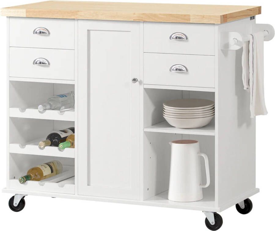 MARA Keukentrolley Flessenhouder Buffetkast Dressoir Op Wielen Serveerwagen MDF Wit 107 x 45 x 93 cm