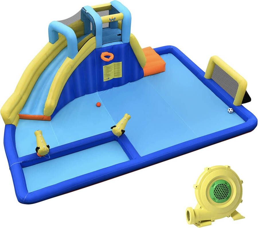 MARA Opblaasbaar Speelzwembad 6-in-1 Springkasteel Waterpark met glijbaan Klimwand Waterpistool Voetbaldoel Inclusief Ventilator 526 x 373 x 205 cm