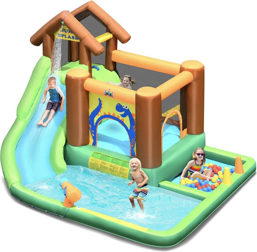 MARA Opblaasbaar Speelzwembad Waterglijbaan Kinderzwembad Waterpark Voor Kinderen Buitenspeelgoed Inclusief Ventilator Groen Paars 368 x 303 x 230 cm