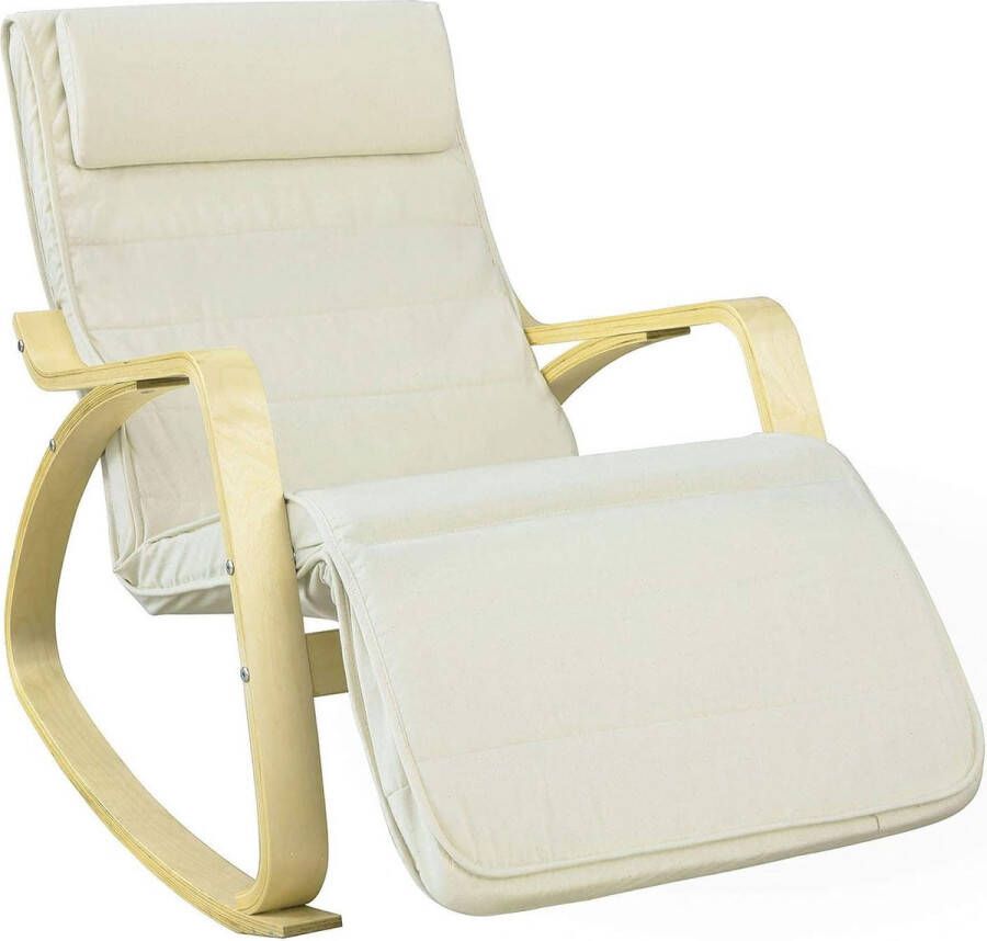 MARA Schommelstoel Verstelbare voetensteun Relaxfauteuil Comfortabel Beige Berkenhout 56 x 80 x 90 cm