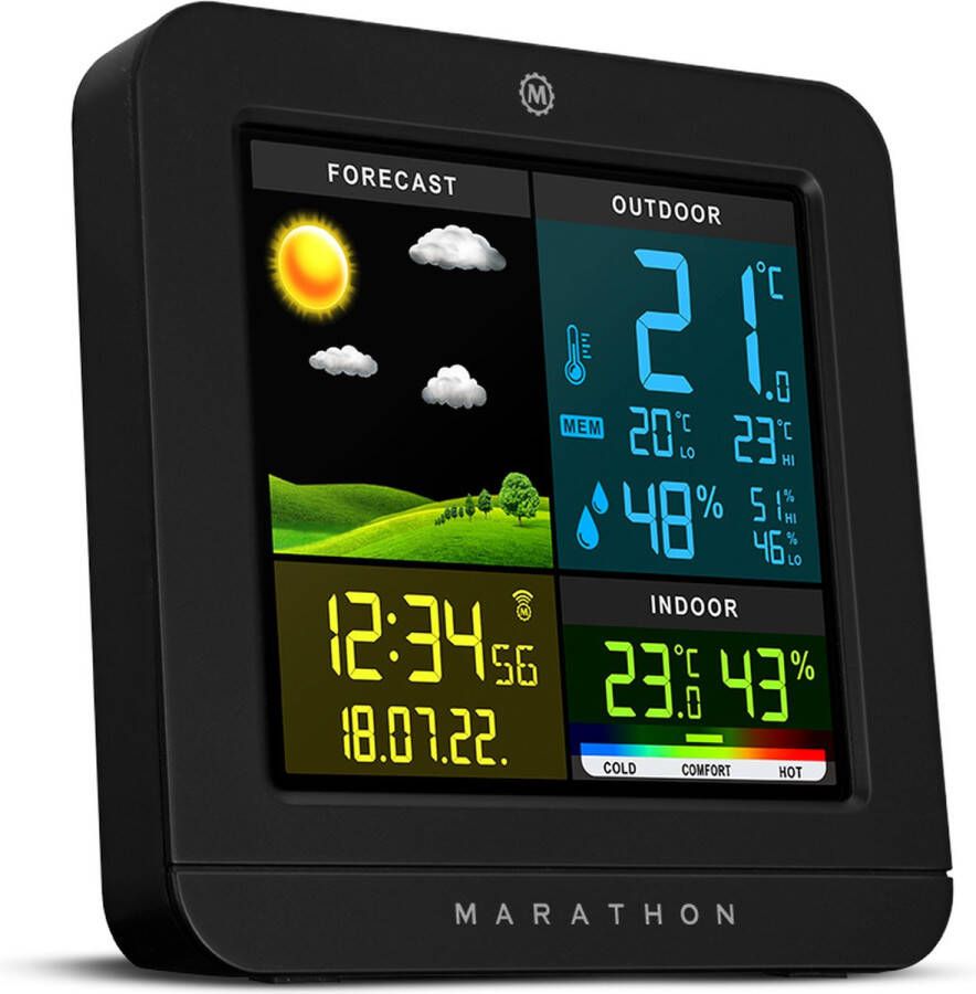 Marathon Berlin- Weerstation- Kleurenscherm- Binnen-en buitentemperatuur- Binnen-en buitenvochtigheidsgraad- Comfortindicator- Geleverd met thermo-hygrosensor-Zwart- Proudly Canadian