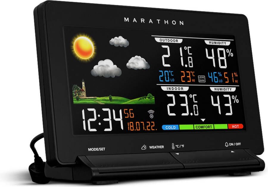 Marathon Lisbon- Weerstation- Kleurenscherm- Alarm-Binnen-en buitentemperatuur- Binnen-en buitenvochtigheidsgraad- Comfortindicator- Geleverd met thermo-hygrosensor-Zwart- Proudly Canadian